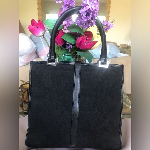 Vintage Gucci Elegant small Black leather&fabric Tote Bag silver color details - Picture 5 of 16